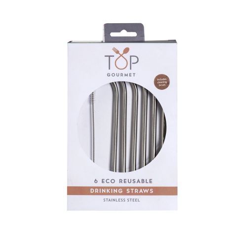 Reusable Eco Stainless Steel Straws & Cleaning Brush (Pack of 6)